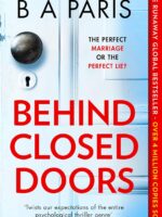 Cover of the B.A. Paris novel Behind Closed Doors: minimalist white background with bold red uppercase title ‘BEHIND CLOSED DOORS’ centered; a small peephole graphic near the top suggests hidden secrets. Author name ‘B. A. Paris’ appears beneath the title in smaller black text.