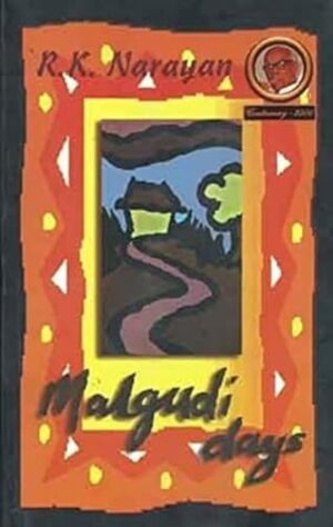 Malgudi Days by R.K. Narayan – paperback book cover featuring fictional Indian town scenes from classic short story collection