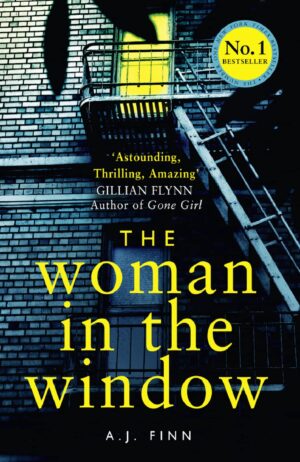 Cover of The Woman in the Window by A. J. Finn: dark façade with red and blue striped blinds obscuring the title, evoking secrecy and suspense; the author’s name sits below in a clean, bold font.